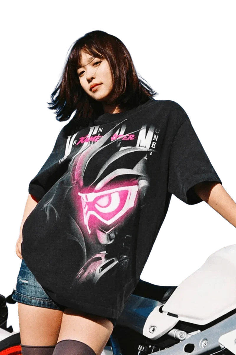 Black MEDM SS24 x Karmen Rider Tee featuring vibrant graphic design, styled for a casual look