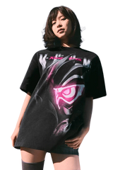 MEDM SS24 x Karmen Rider Tee featuring bold graphic design on black fabric for a stylish streetwear look