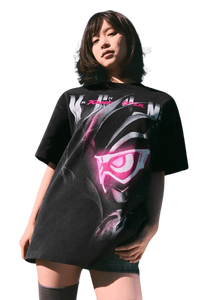 MEDM SS24 x Karmen Rider Tee featuring bold graphic design on black fabric for a stylish streetwear look