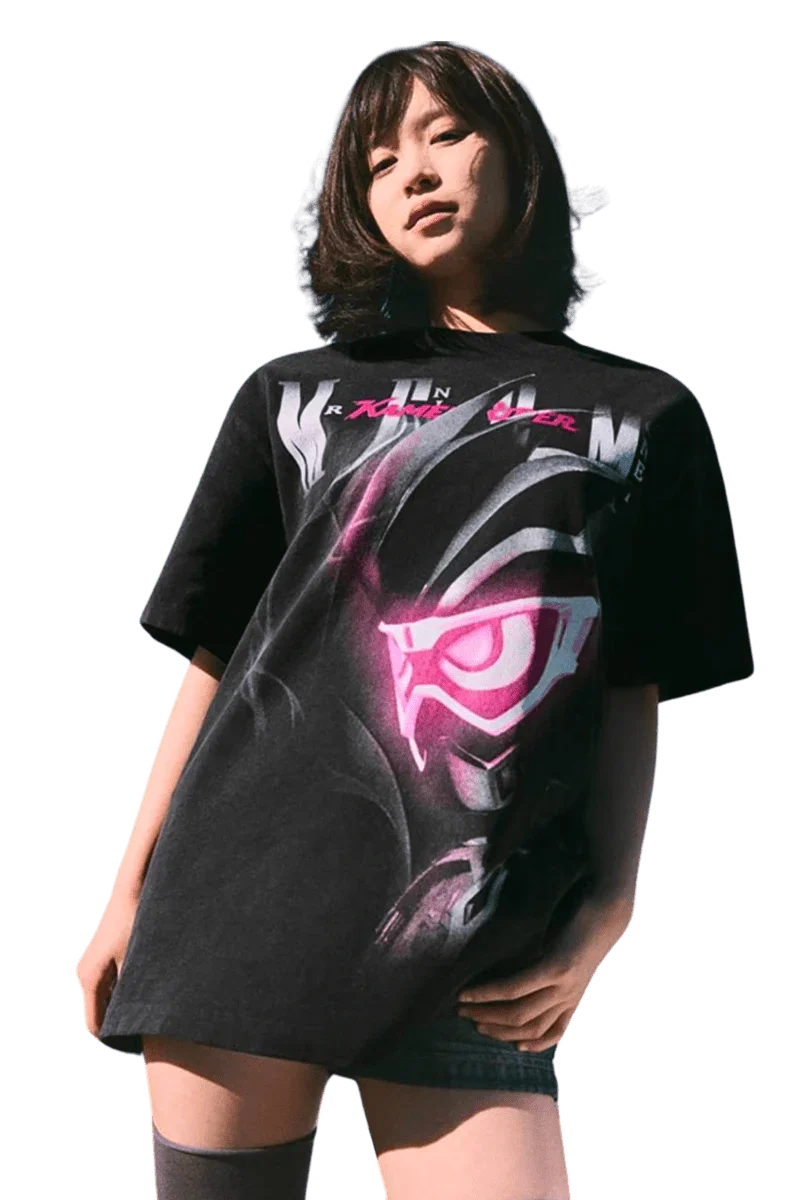 MEDM SS24 x Karmen Rider Tee featuring bold graphic design on black fabric for a stylish streetwear look