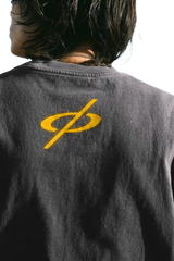 Back view of MEDM SS24 x Karmen Rider Tee featuring a yellow logo on a gray t-shirt