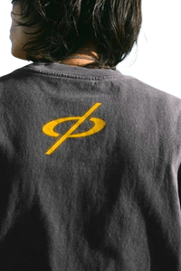 Back view of MEDM SS24 x Karmen Rider Tee featuring a yellow logo on a gray t-shirt