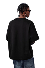 Back view of a black MEDM SS25 Basic Embroidery Tee showcasing a relaxed fit and stylish design