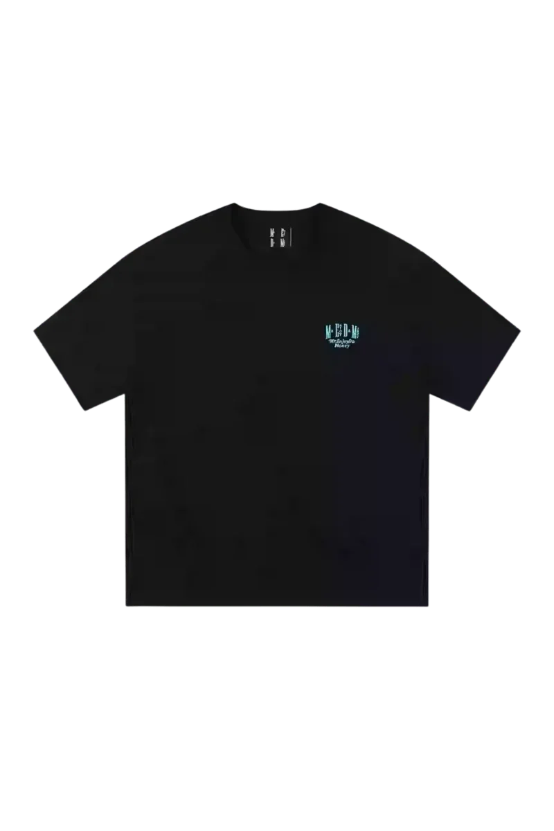 MEDM SS25 Basic Embroidery Tee in black with unique embroidery design on the front
