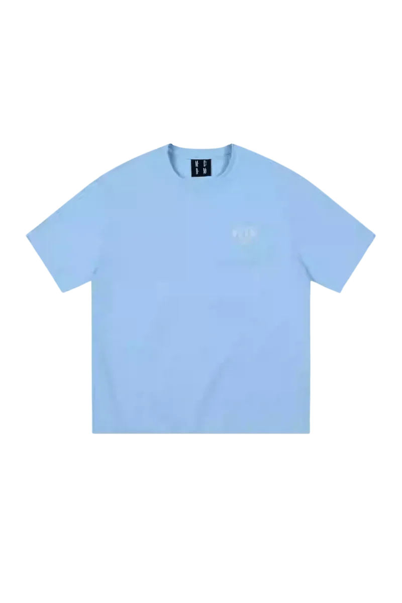 Light blue MEDM SS25 Basic Embroidery Tee featuring a minimalist design for casual wear