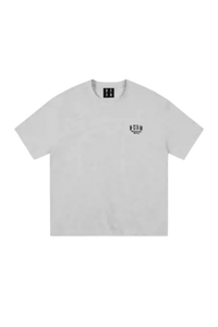 MEDM SS25 Basic Embroidery Tee in light gray featuring a simple logo design