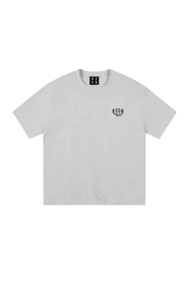 MEDM SS25 Basic Embroidery Tee in light gray featuring a simple logo design
