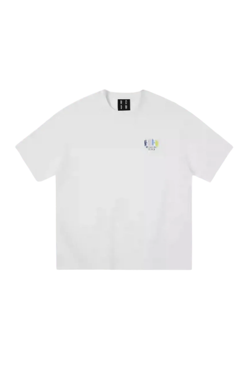 MEDM SS25 Basic Embroidery Tee in white with a small colorful logo on the chest