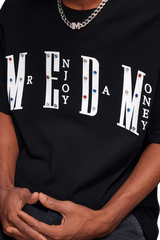 MEDM SS25 Basic Gem Series Tee in black featuring decorative gems and Mr Enjoy Da Money logo design