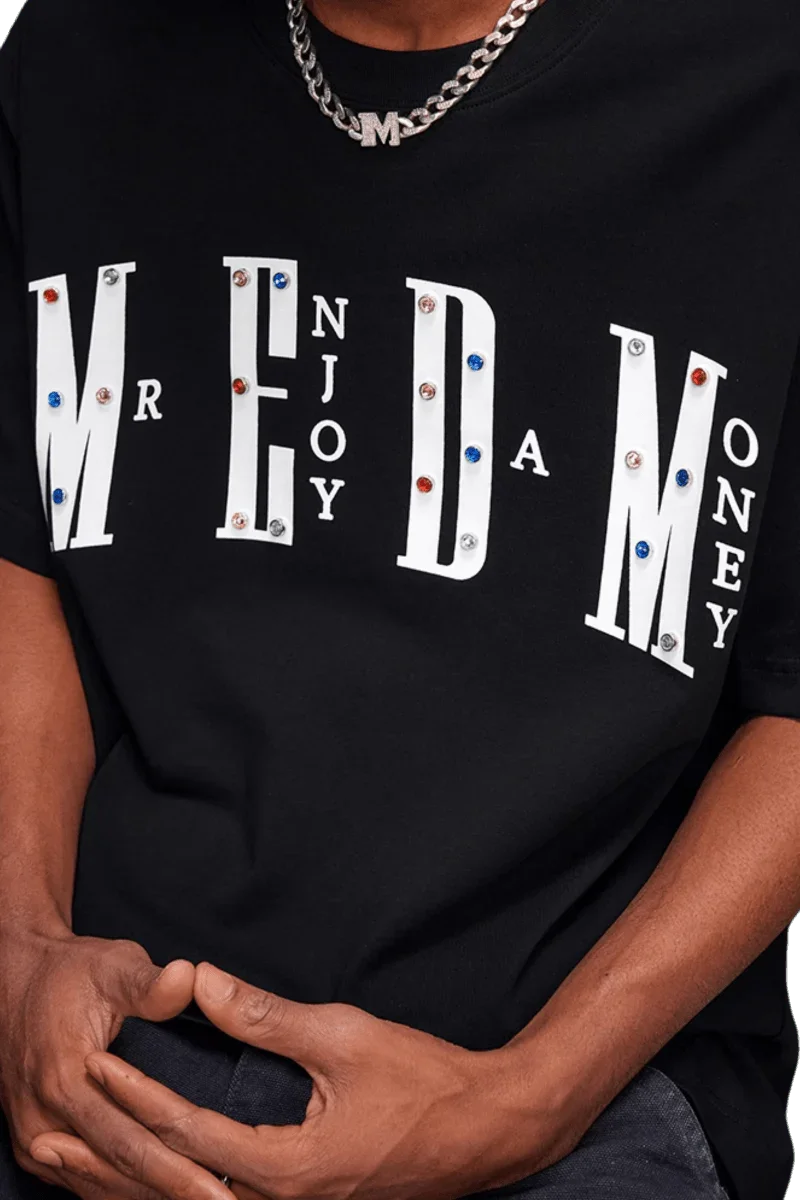 MEDM SS25 Basic Gem Series Tee in black featuring decorative gems and Mr Enjoy Da Money logo design