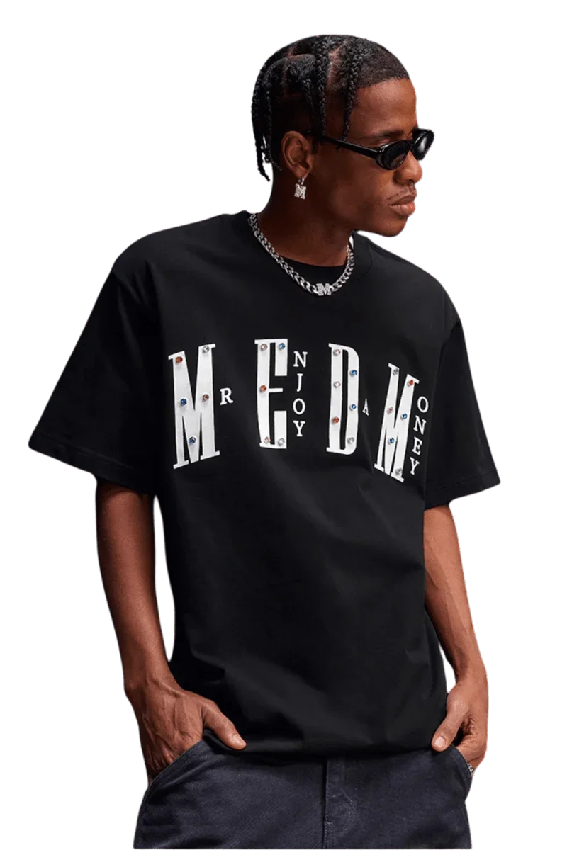 Stylish black MEDM SS25 Basic Gem Series Tee featuring unique logo design for casual wear