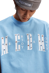 MEDM SS25 Basic Gem Series Tee in blue with embellished lettering for a stylish casual look