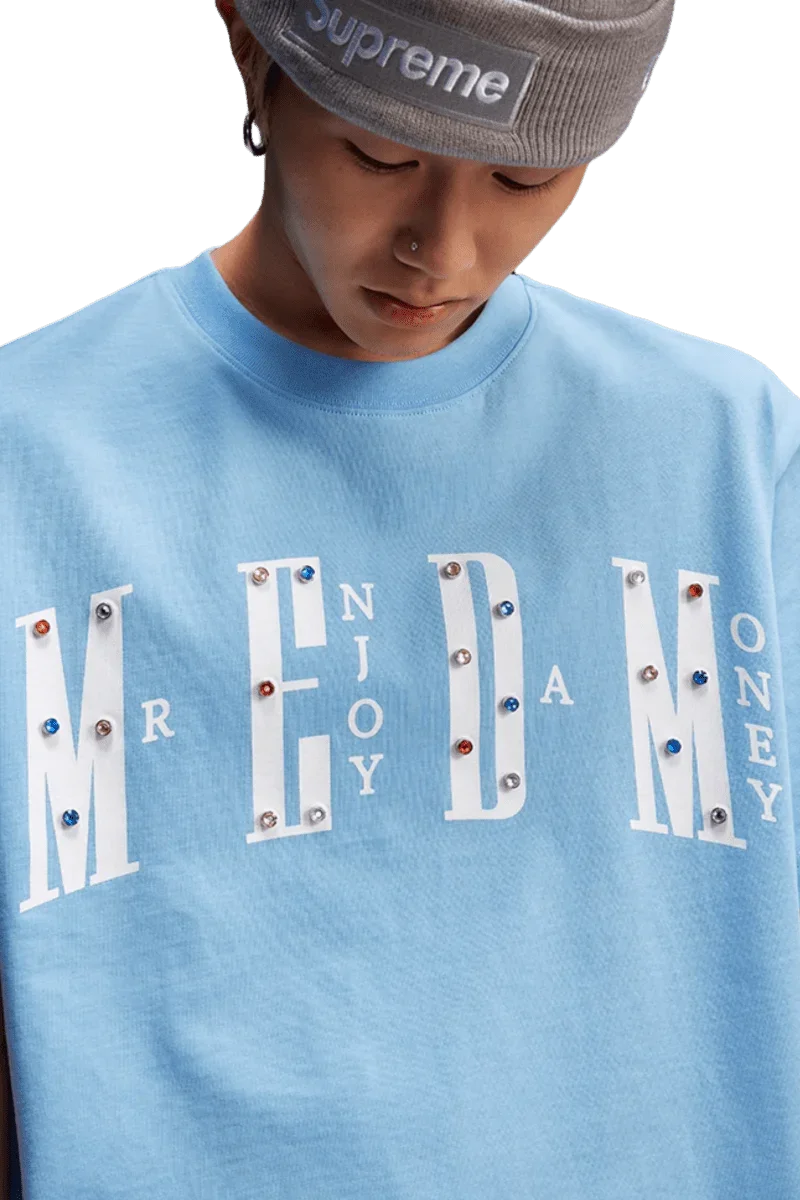 MEDM SS25 Basic Gem Series Tee in blue with embellished lettering for a stylish casual look