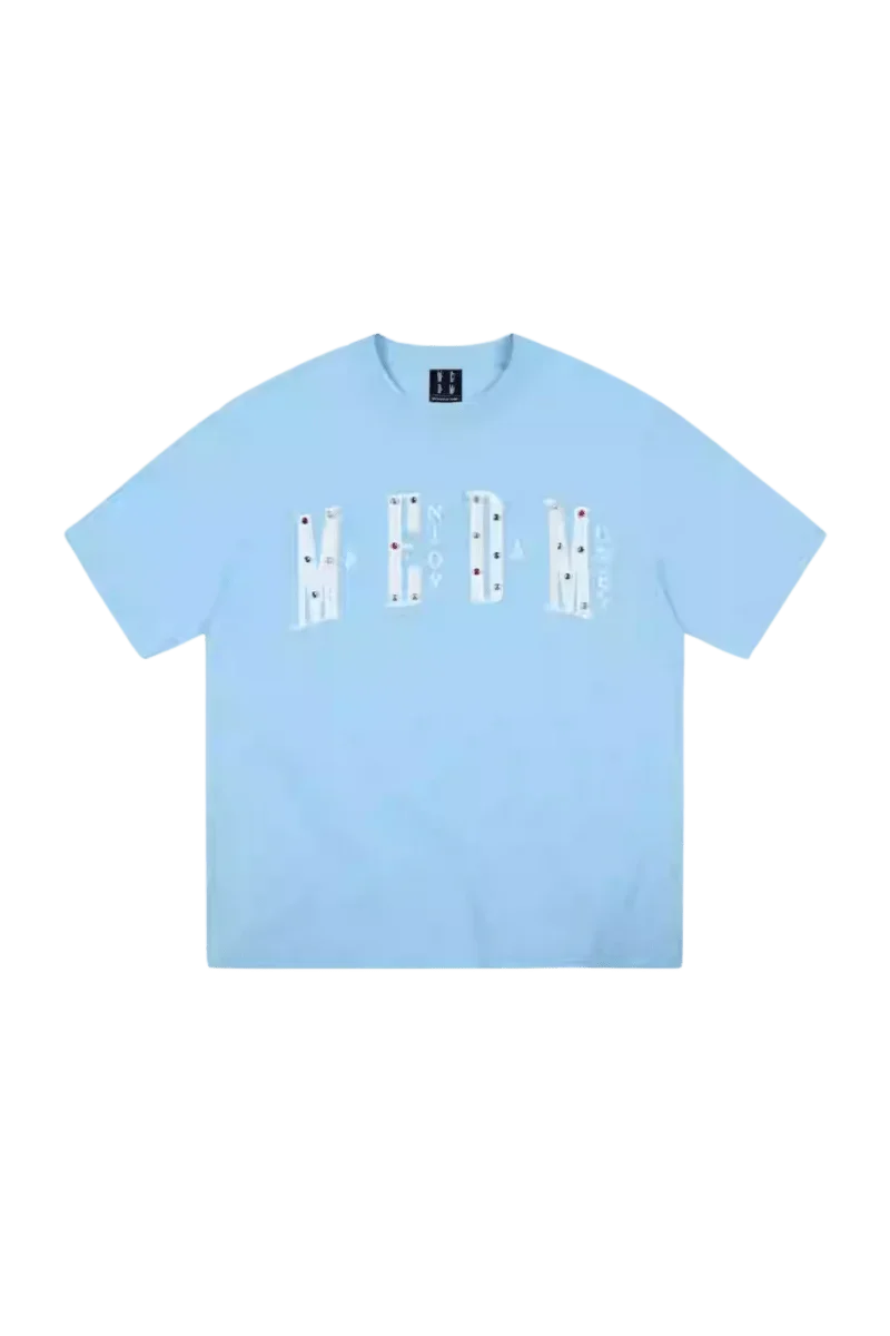 Light blue MEDM SS25 Basic Gem Series Tee featuring bold lettering for casual wear