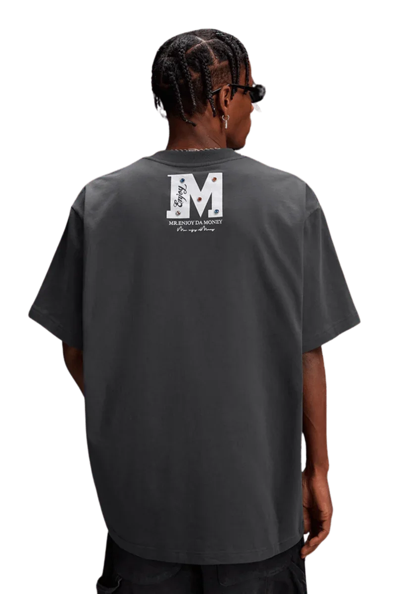 Men's MEDM SS25 Basic Gem Series Tee in dark gray featuring a logo on the back
