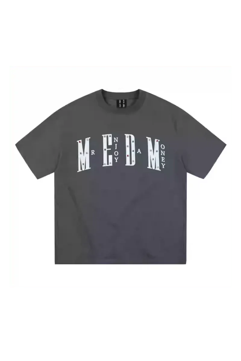 MEDM SS25 Basic Gem Series Tee in grey featuring bold Mr Enjoy Da Money lettering