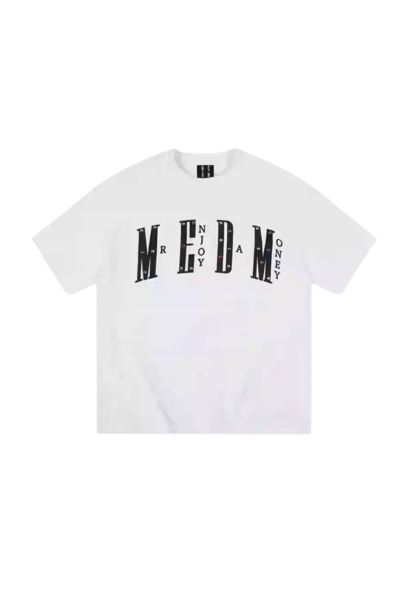 MEDM SS25 Basic Gem Series Tee in White Featuring Bold Mr Enjoy Da Money Print Design