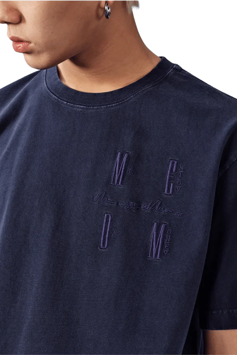MEDM SS25 Basic Logo Washed Tee in navy featuring unique embroidered design for casual style