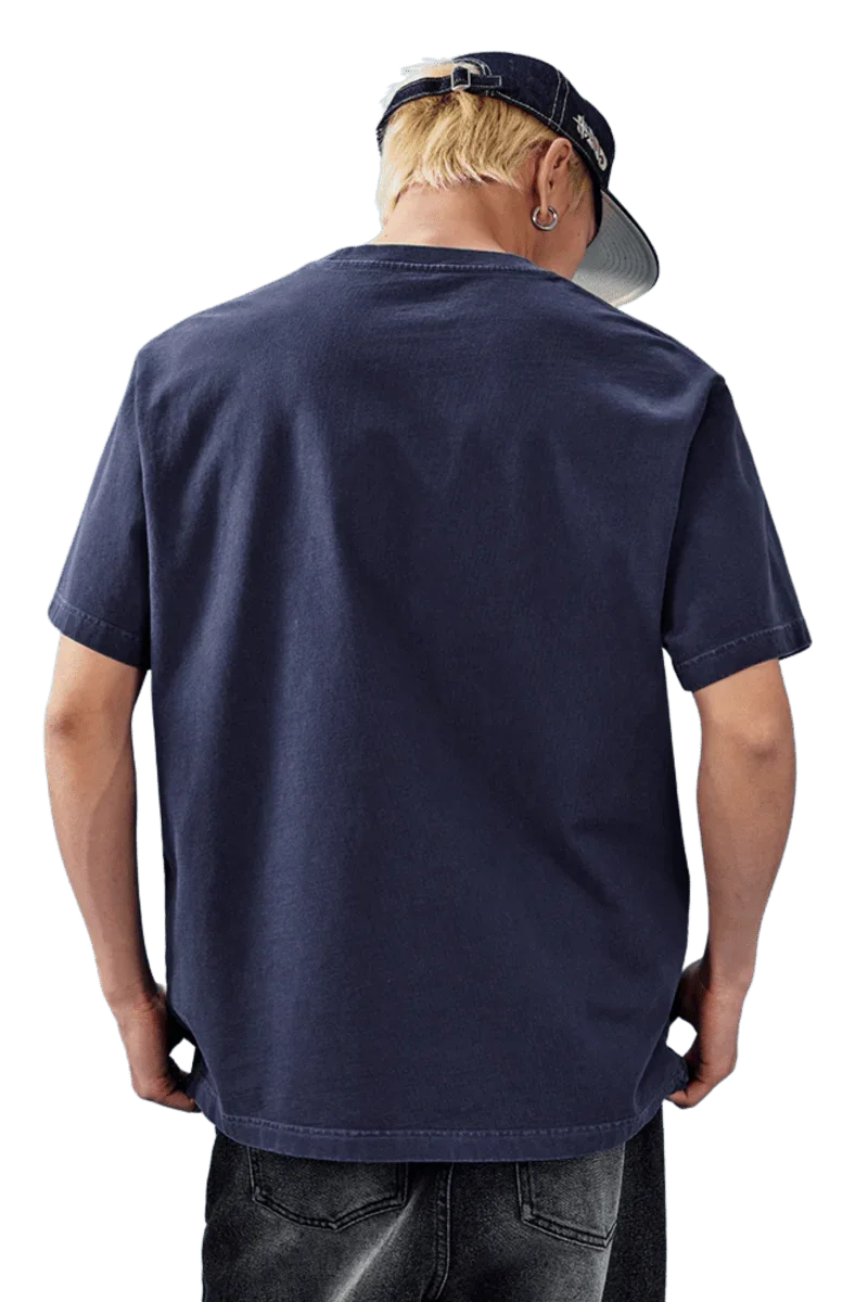 Back view of a navy MEDM SS25 Basic Logo Washed Tee for a casual and comfortable look