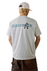 MEDM SS25 Big M Daisy Print Tee in gray featuring a colorful back design by Mr Enjoy Da Money
