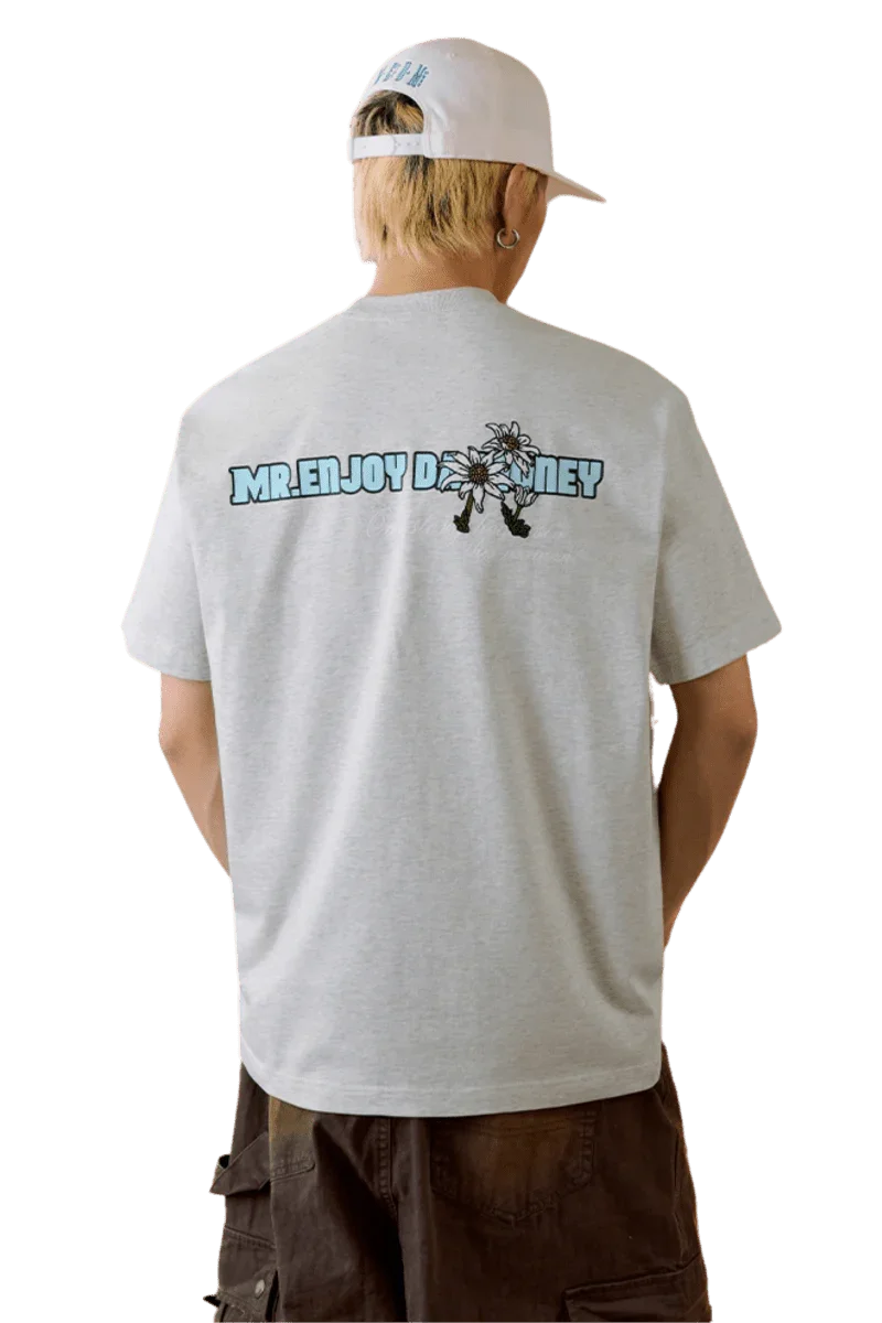 MEDM SS25 Big M Daisy Print Tee in gray featuring a colorful back design by Mr Enjoy Da Money