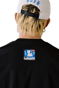 MEDM SS25 Cat Velcro Embroidery Tee in black showcasing back design and vibrant patch details