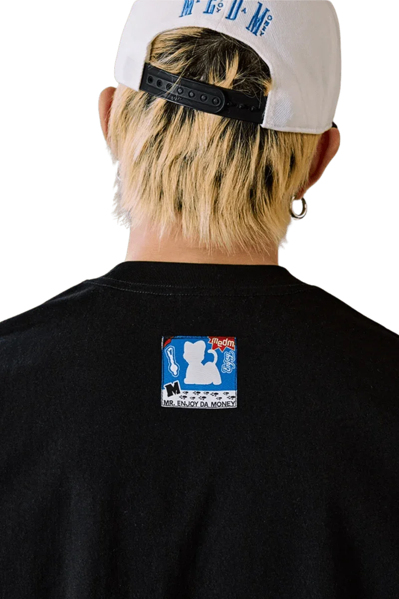 MEDM SS25 Cat Velcro Embroidery Tee in black showcasing back design and vibrant patch details