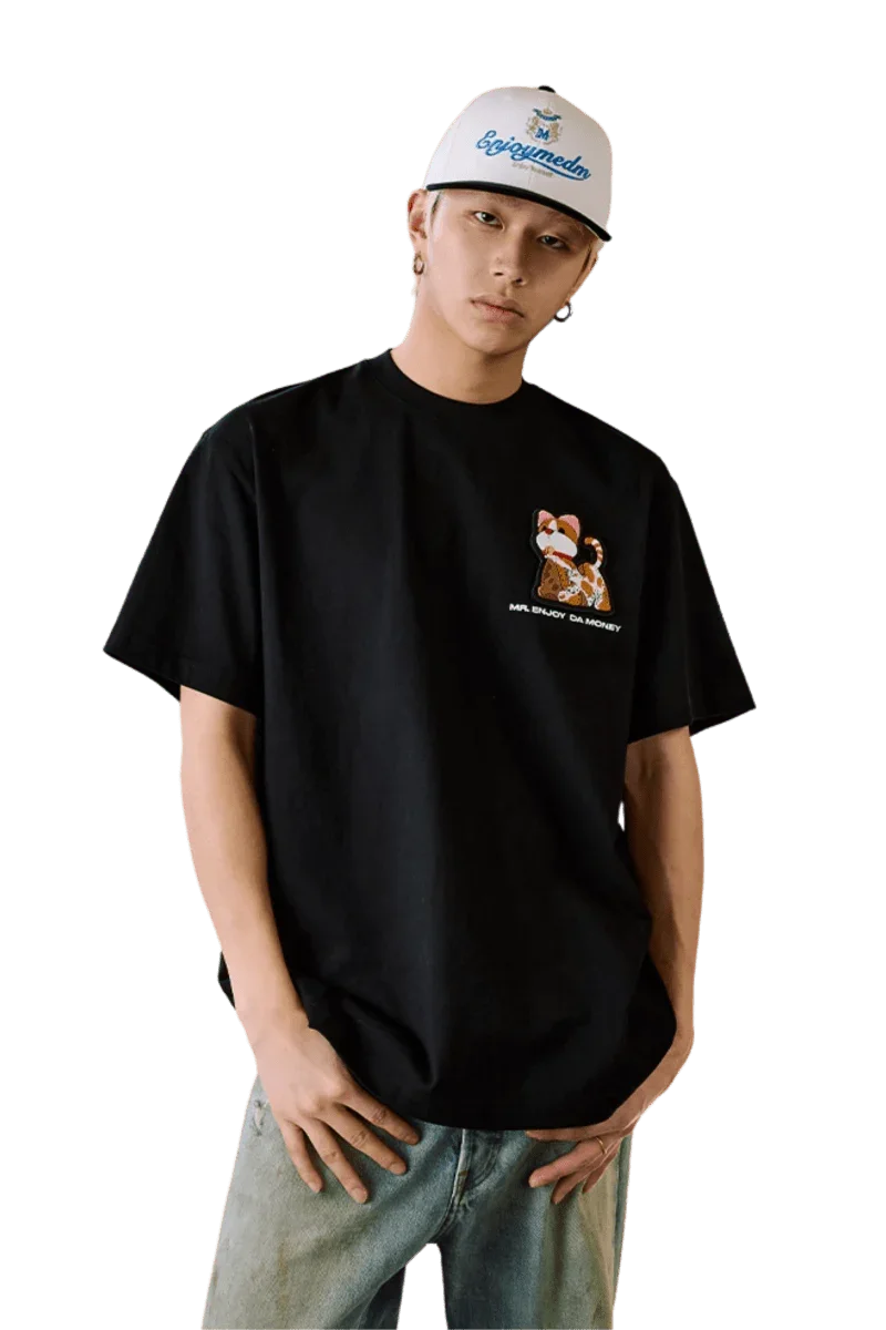MEDM SS25 Cat Velcro Embroidery Tee in Black featuring playful cat design for casual style