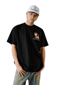MEDM SS25 Cat Velcro Embroidery Tee in Black featuring playful cat design for casual style