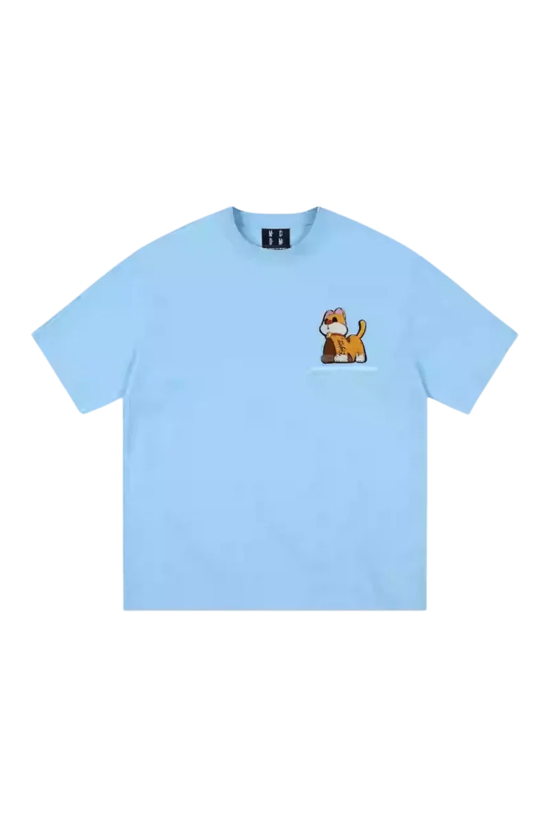MEDM SS25 Cat Velcro Embroidery Tee in light blue with a playful cat design