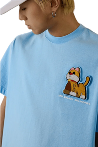 MEDM SS25 Cat Velcro Embroidery Tee in Light Blue with Unique Cat Design and Branding