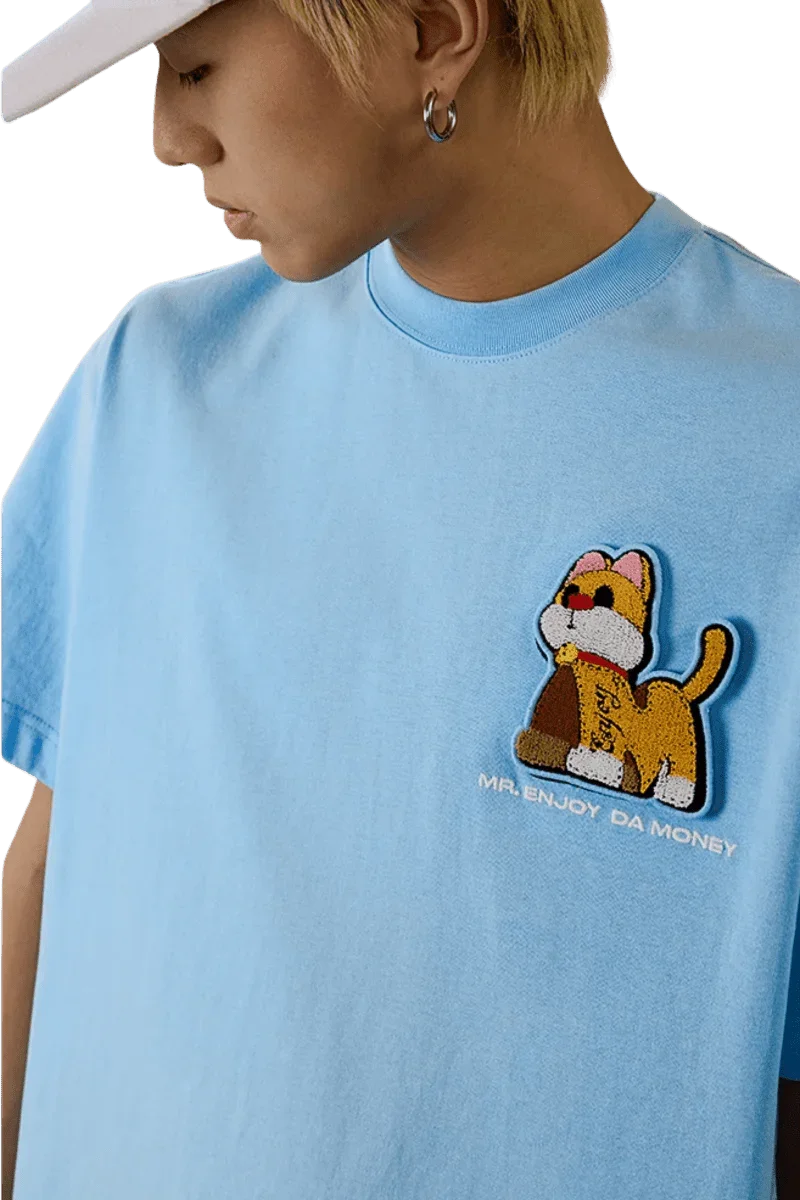 MEDM SS25 Cat Velcro Embroidery Tee in Light Blue with Unique Cat Design and Branding