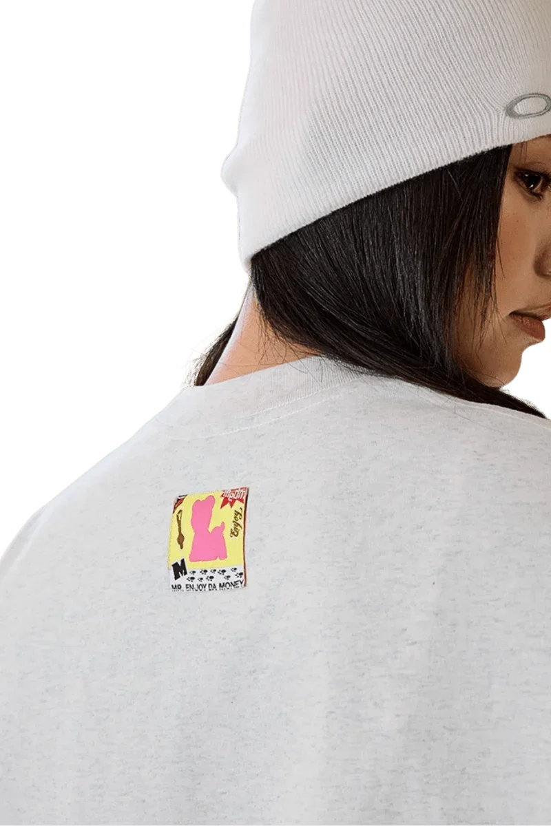 MEDM SS25 Cat Velcro Embroidery Tee in gray with vibrant back logo design for casual wear