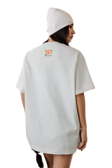 Light grey MEDM SS25 Cat Velcro Embroidery Tee on model showcasing unique back design