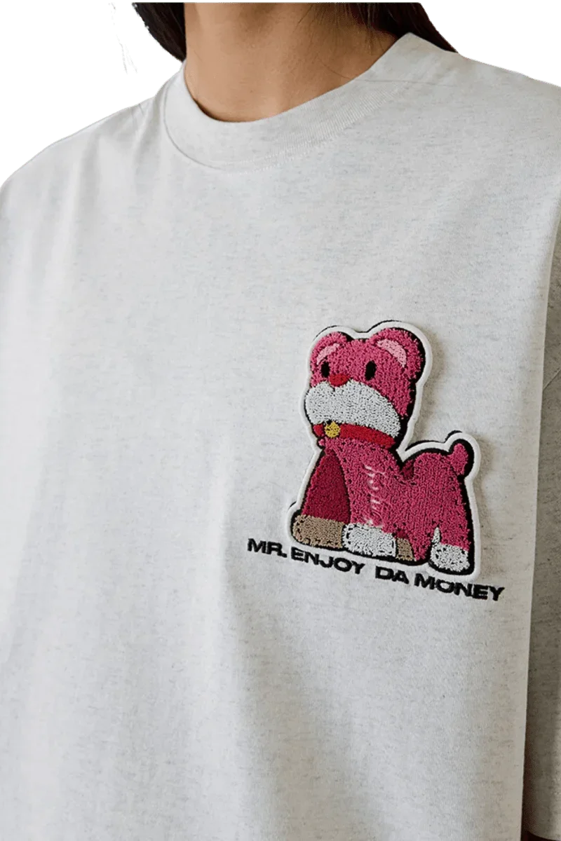 MEDM SS25 Cat Velcro Embroidery Tee with a cute pink cat design on the chest