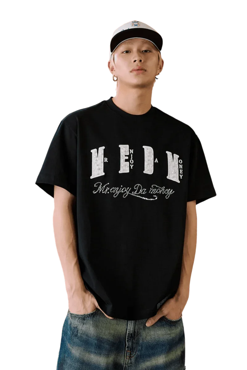 MEDM SS25 Chanel Inspired Patch Pearl Tee in Black, Casual and Trendy Streetwear for Men