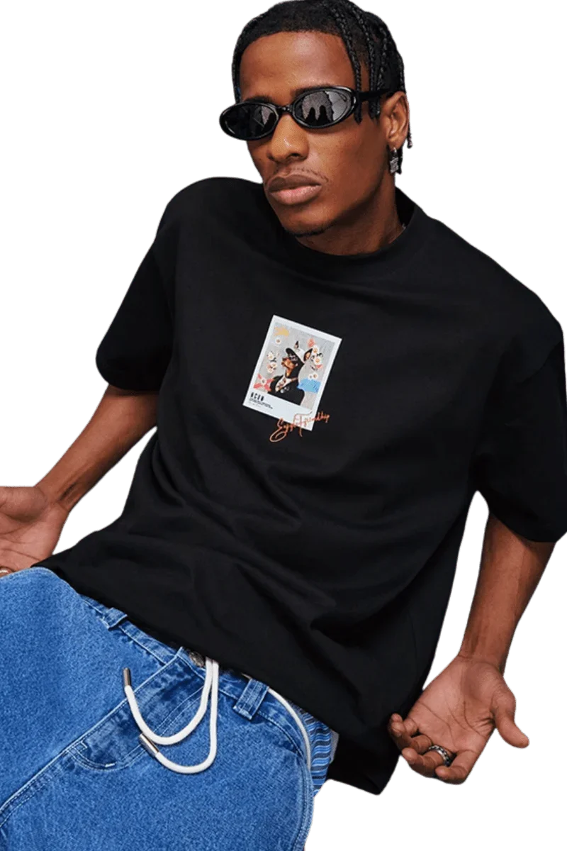 MEDM SS25 Dog Polaroid Tee in black featuring graphic print on relaxed fit t-shirt