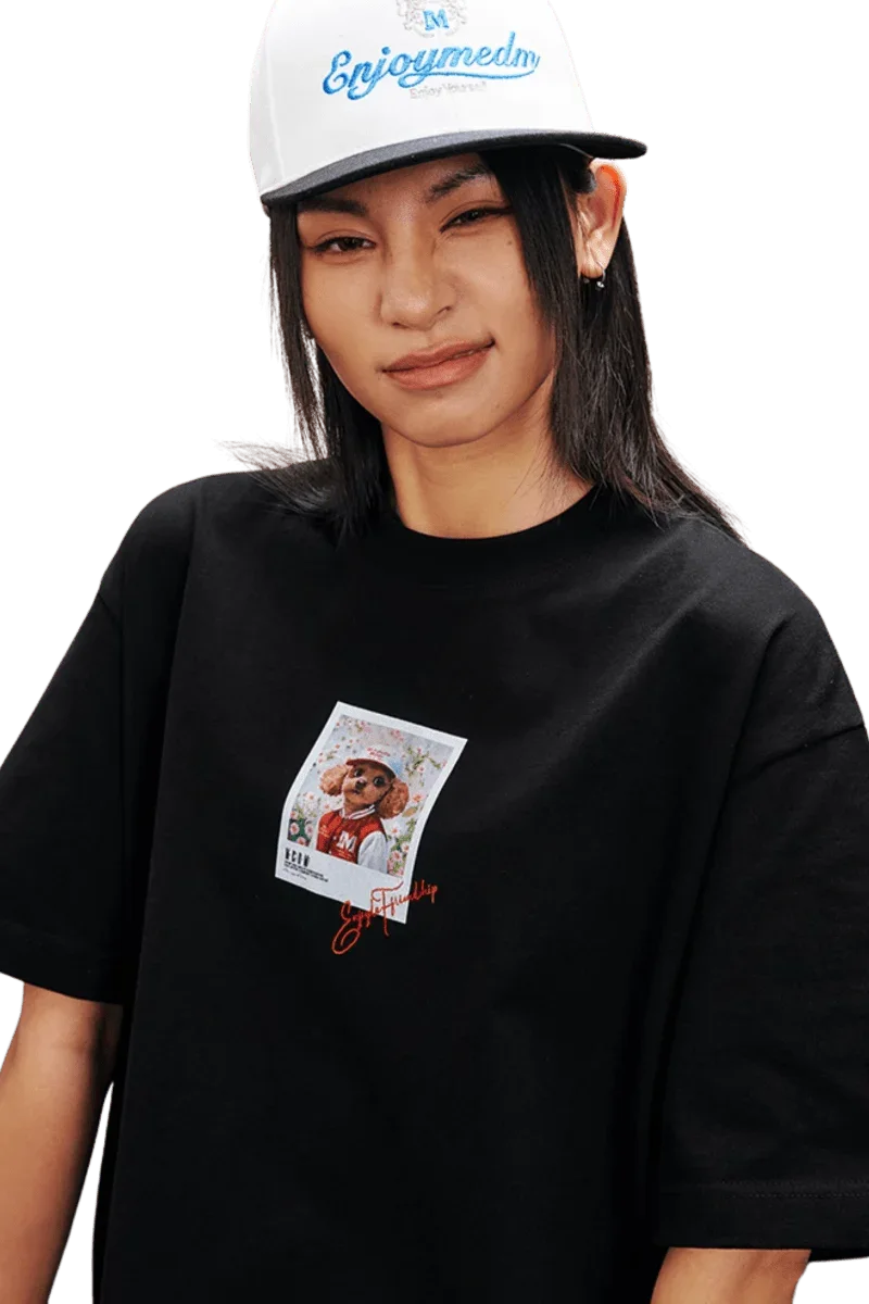 MEDM SS25 Dog Polaroid Tee in black featuring a playful graphic on the front for a trendy casual look
