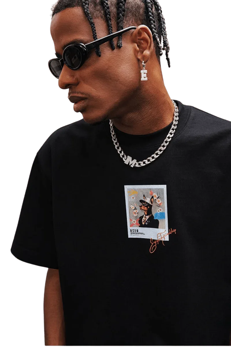 MEDM SS25 Dog Polaroid Tee in black featuring unique graphic design and relaxed fit