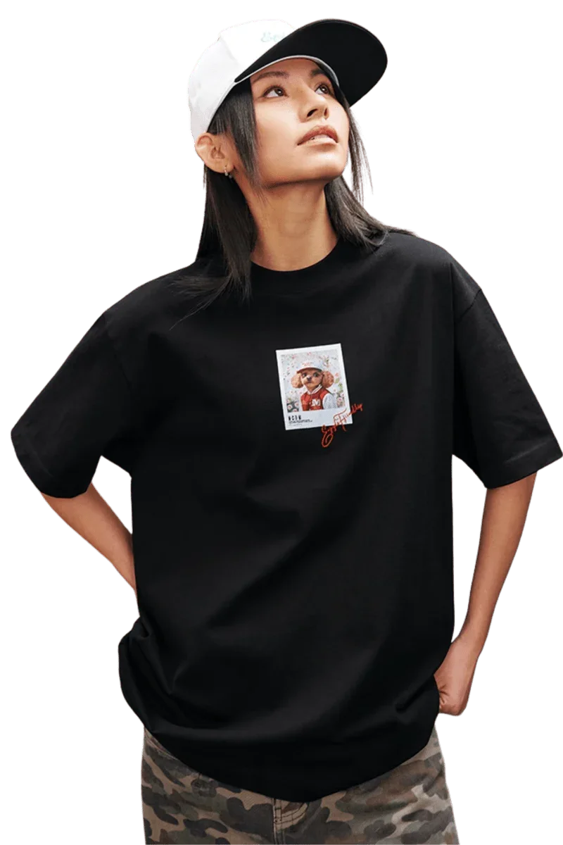 MEDM SS25 Dog Polaroid Tee in black featuring a fun dog graphic and relaxed fit for casual style