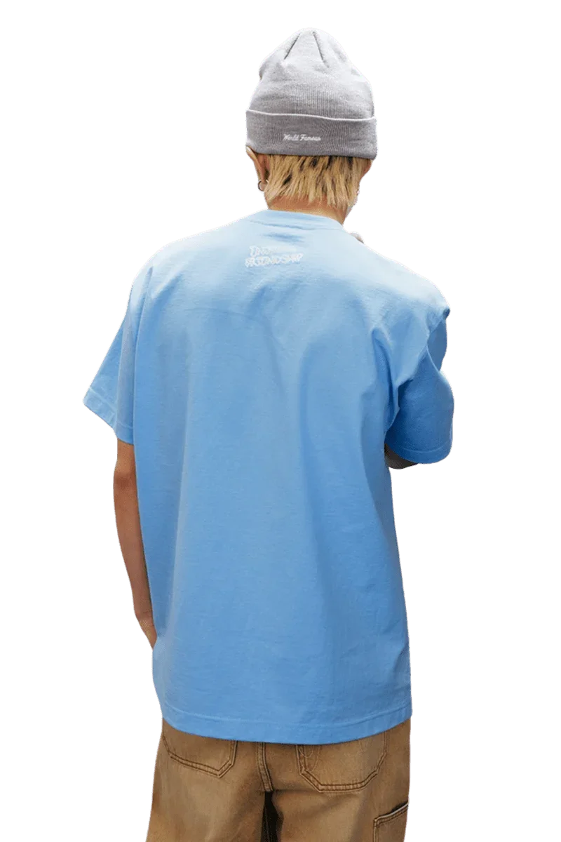 Back view of a blue MEDM SS25 Dog Polaroid Tee for casual streetwear style