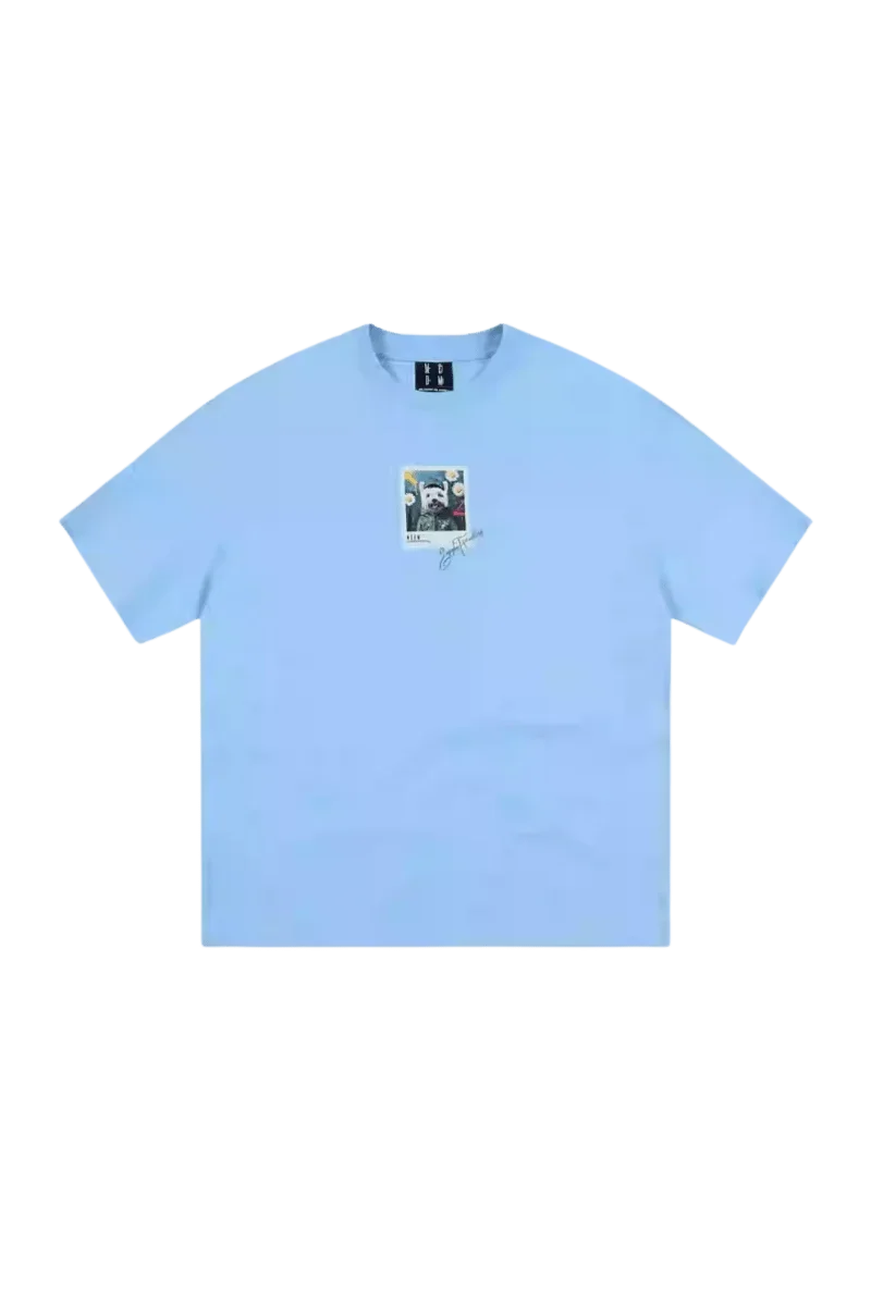MEDM SS25 Dog Polaroid Tee in light blue with a unique graphic print on the front