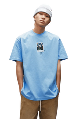 MEDM SS25 Dog Polaroid Tee in sky blue with graphic design, featuring a relaxed fit and casual style