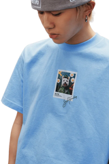 MEDM SS25 Dog Polaroid Tee in light blue featuring a graphic of a dog and floral design