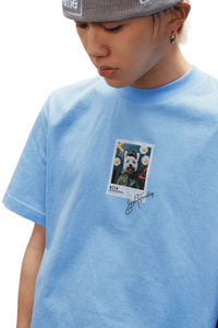 MEDM SS25 Dog Polaroid Tee in light blue featuring a graphic of a dog and floral design