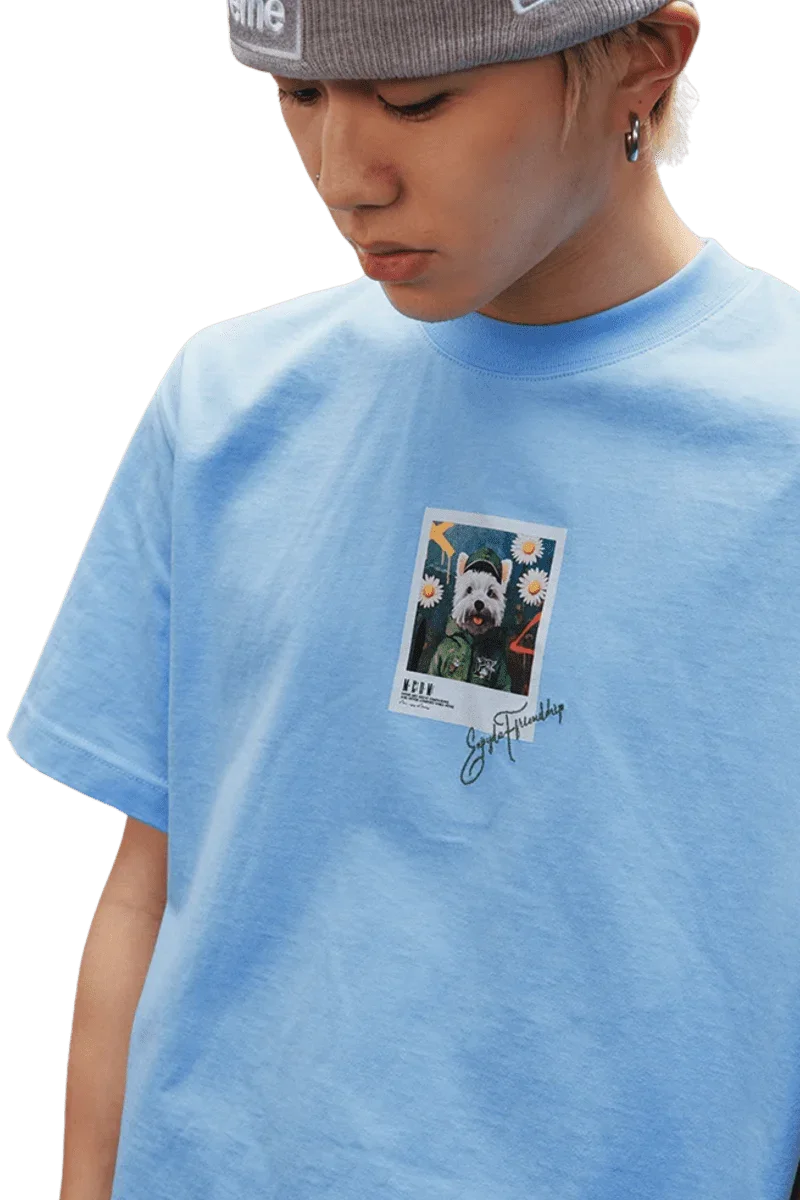 MEDM SS25 Dog Polaroid Tee in light blue featuring a graphic of a dog and floral design