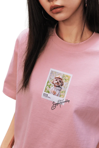 MEDM SS25 Dog Polaroid Tee in Pink featuring a playful dog print for casual style