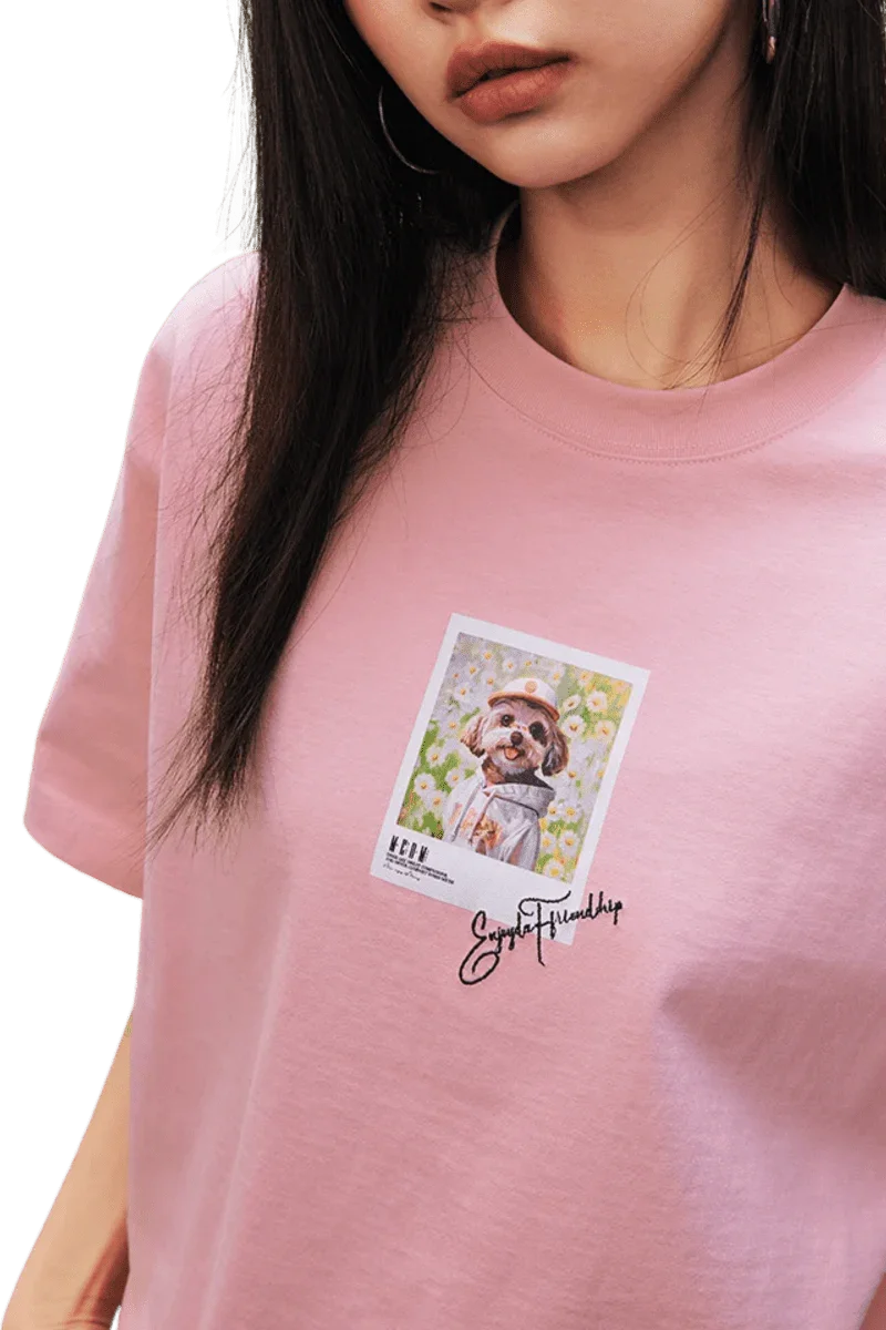 MEDM SS25 Dog Polaroid Tee in Pink featuring a playful dog print for casual style