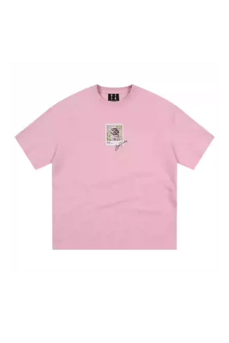 MEDM SS25 Dog Polaroid Tee in pink with a unique graphic design and relaxed fit