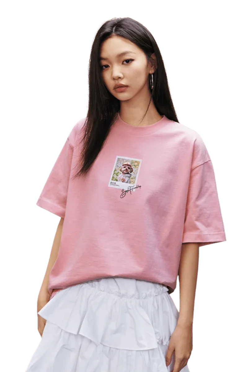 MEDM SS25 Dog Polaroid Tee in pink with a playful dog graphic for casual streetwear style